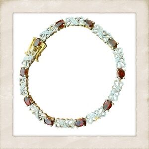 Vintage HAN Garnet‎ & Lab Diamond Tennis Bracelet 925 Sterling & Gold Vermeil